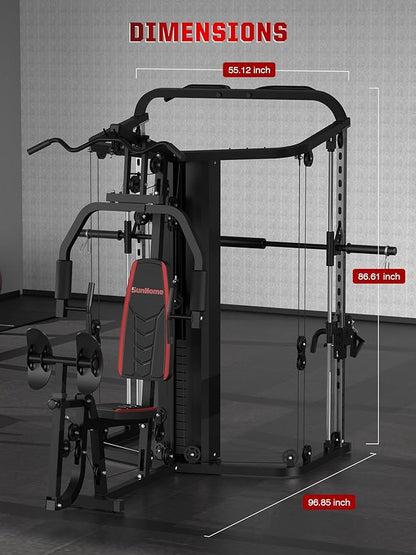 SunHome Multifunction Home Gym Equipment Workout Station, Smith Machine with 138LB Weight Stack, Leg Press, LAT Station for Full Body Training