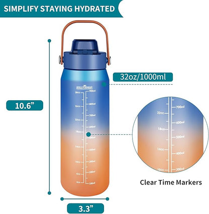 Motivational Water Bottle 32oz with Time Marker- Leakproof & BPA Free Sports Water Bottle with Straw & Carry Strap for Gym, Travel and Outdoor Sports (Blue/Orange Gradient)