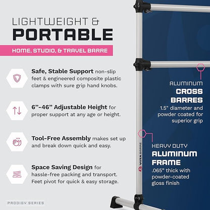 VITA Barre Portable Freestanding Double Ballet Barre, Prodigy, Aluminum | Adjustable Height, USA Made, Home or Gym Exercise Equipment for Kids & Adults | Dance, Fitness, Pilates