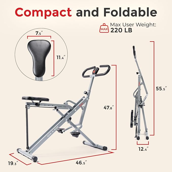 Sunny Health & Fitness Row-N-Ride Squat Machines, Adjustable Resistance and Seating/Handle for Home Glutes Training, SunnyFit App Access Included, Optional 300LB Weight Capacity