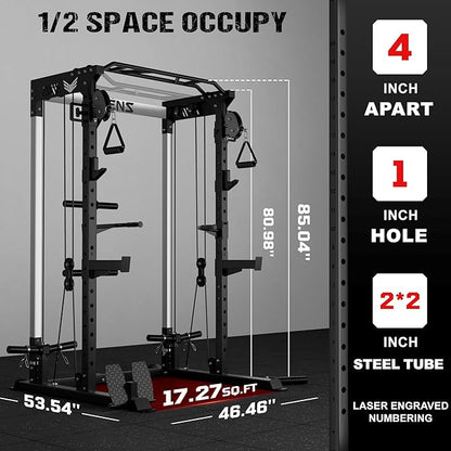 C21 Power Cage, 2000LBS Multi-Function Power Rack with Independent Dual Pulley System, All-in-One Squat Rack for Cable Crossover, Home Gym Workout Machine with More Training Attachments
