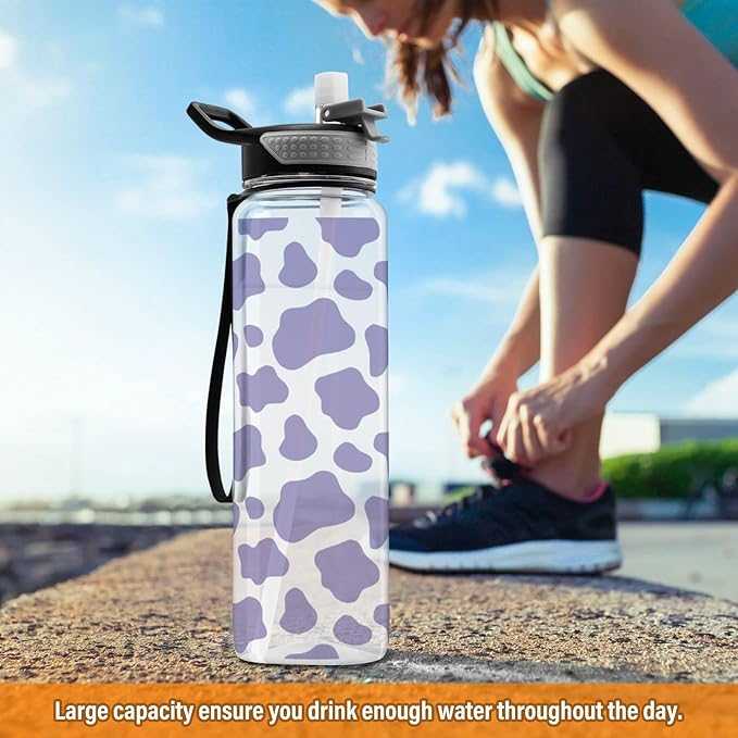 Fustylead Purple Cow Print Tritan Water Bottle with Straw and Lids, 32 oz Reusable BPA Free Sport Water Bottle for Gym Camping Hiking Travel