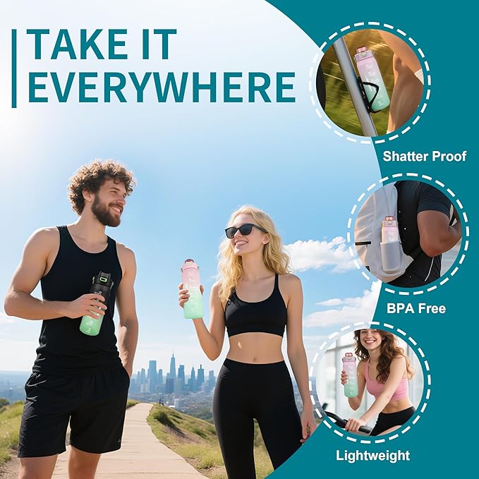 Motivational Water Bottle 32oz with Time Marker- Leakproof & BPA Free Sports Water Bottle with Straw & Carry Strap for Gym, Travel and Outdoor Sports (Pink/Blue Gradient)