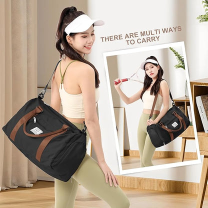 Gym Bag for Women with Shoes Compartment,Small Duffel Bag Sport bag with Toiletry Bag Overnight Travel Tote Bags Weekender Carry on Bag Personal Item Bags for Airlines Black Brown