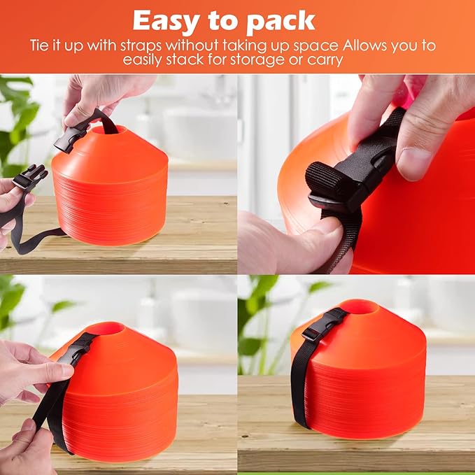 100 Pieces Soccer Cones with Strap Agility Disc Cones Soccer Training Cones Soccer Cones for Drills Orange Mark Disks for Challenge Football Basketball Skating Kids Games Outdoor Indoor 2 Straps
