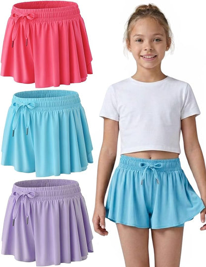 3 Pack Girls Flowy Shorts with Spandex Liner 2-in-1 Youth Butterfly Skirts for Fitness, Running, Sports