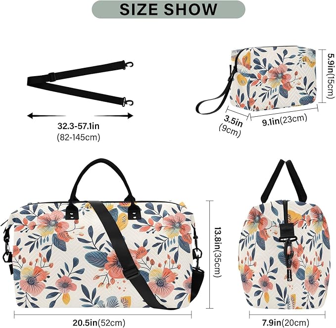Weekender Bags Travel Duffel Gym Bag Florals Vintage Carry on Overnight Tote Bag with Toiletry Bag for Airplane Travel Trip Gym Yoga