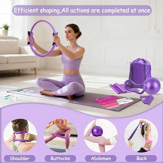 Pilates Kit for Women Pilates Equipment Ring and Ball Set Magic Circle Hoop with 5 Resistance Bands Compact Toning Fitness Essentials Starter Set Accessories with Exercise Guide