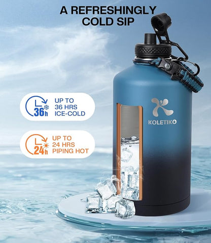 Insulated Gallon Water Bottle(COLD for 36 Hrs), Non-BPA & Leak Proof, 128 oz Stainless Steel Water Jug Large with Paracord Handle, Straw & Spout Lid, Indigo Black