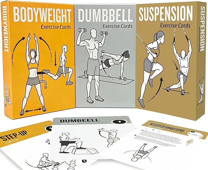 Bodyweight & Dumbbell & Suspension1 Workout Cards - 150 Large 5"x3.5" Exercise Cards with 36 Strength Moves, Home & Gym Fitness Cards for Men & Women, Beginner Fitness Guide