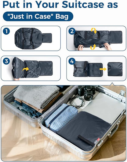 pack all 65L Foldable Travel Duffel Bag, Packable Weekender Bag with Shoe Compartment, Water-Resistant Gym Bag with Adjustable Strap for Overnight, Sports and Camping (Navy)