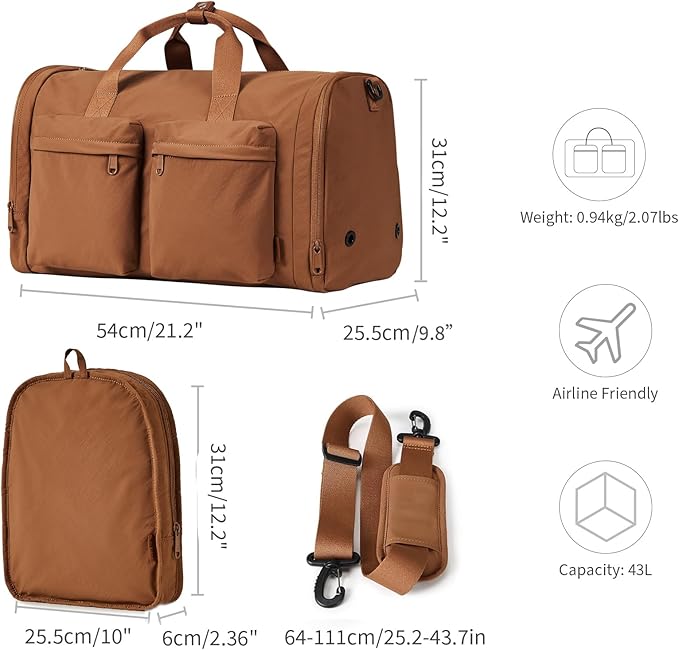 Aji Foldable Travel Duffel Bag for Women with Shoes Compartment, 3 in 1 Carry on Gym Bag with Removable Dry Wet Bag, Lightweight&Water Resistant Duffel Bag for Travel,Sports&Workout, Warm Brown