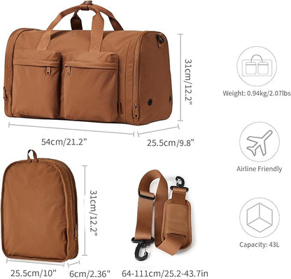 Aji Foldable Travel Duffel Bag for Women with Shoes Compartment, 3 in 1 Carry on Gym Bag with Removable Dry Wet Bag, Lightweight&Water Resistant Duffel Bag for Travel,Sports&Workout, Warm Brown
