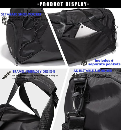 Gym Bag for Women Men Duffle Bag for Travel with Shoes Compartment and Wet Pocket Small Carry on Weekender Bags for Sports Overnight Fitness Yoga Dance Workout Swimming Hospital Tote (Black)