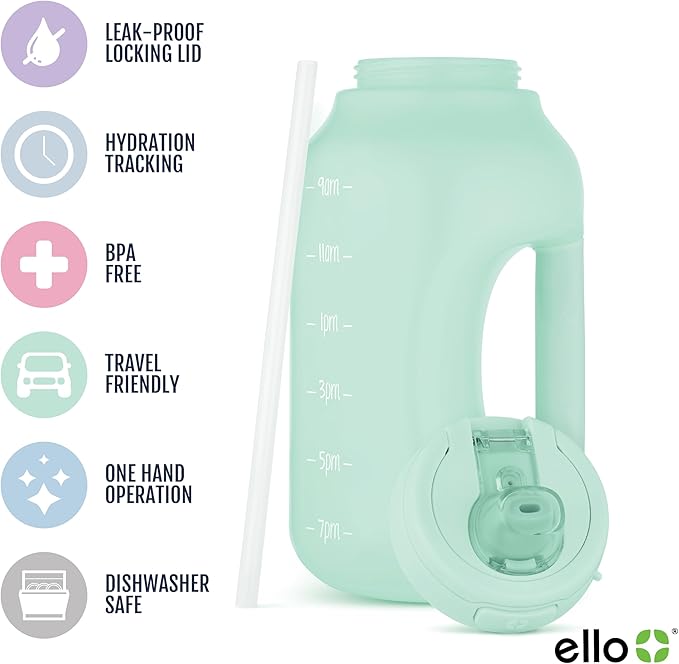 Ello Hydra 64oz Half Gallon Water Jug with Handle and Motivational Time Markers for All Day Hydration, Plastic Reusable Water Bottle with Straw and Locking, Leak Proof Lid, BPA Free