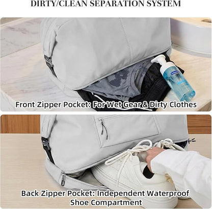 Timeet Expandable Gym Duffel Bag For Women with Yoga Mat Strap, 47L Sports Duffle Bag With Shoes Compartment&Dry Wet Pocket, Water Resistant Carry on Sports Weekend Travel Overnight Bag, Elegant Gray