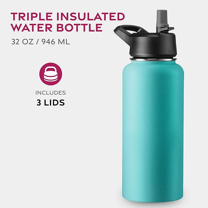FineDine Triple Walled, Insulated Water Bottles with Straw - 32 Oz Stainless Steel Metal Bottle W/ 3 Leak Proof Lids - For Travel, School, Sports, Gym / Men, Women & Kids - Cheery Turquoise