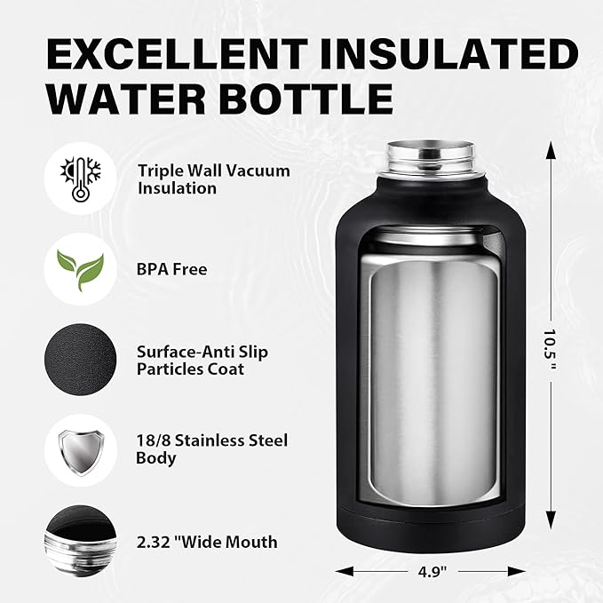 Insulated Water Bottle 64 oz, Triple Wall Vacuum Stainless Steel Water Bottles (Cold for 48 Hrs), Leak Proof & Non-BPA, Half Gallon Water Flask Jug Wide Mouth Straw Lid & Spout Lid