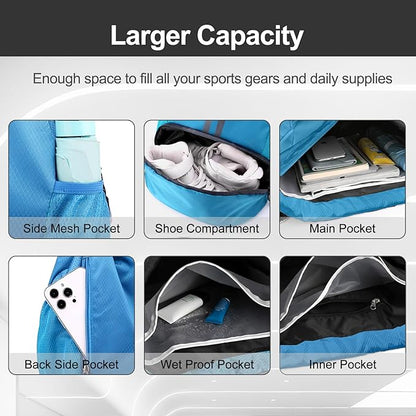 Hoedia Sports Drawstring Backpack - String Swim Gym Bag with Shoes Compartment and Wet Proof Pocket for Women/Men (Sky Blue)
