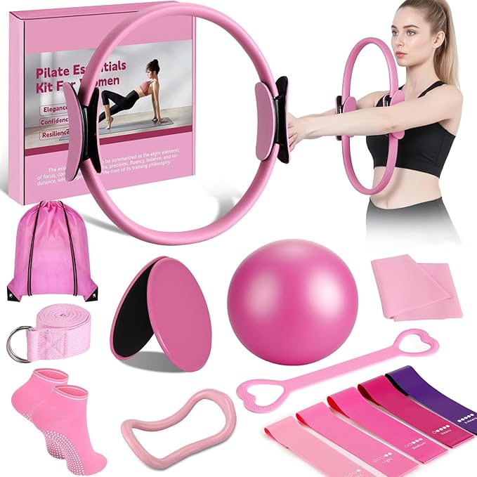 hotqueen 14 PCS Pilates Kit, Home Pilates Workout Kit for Women, Pilates Equipment with 14.9" Pilates Ring and Ball, Resistance Bands, Sliders & Grip Socks Accessories for Starter Home Workouts（Pink）