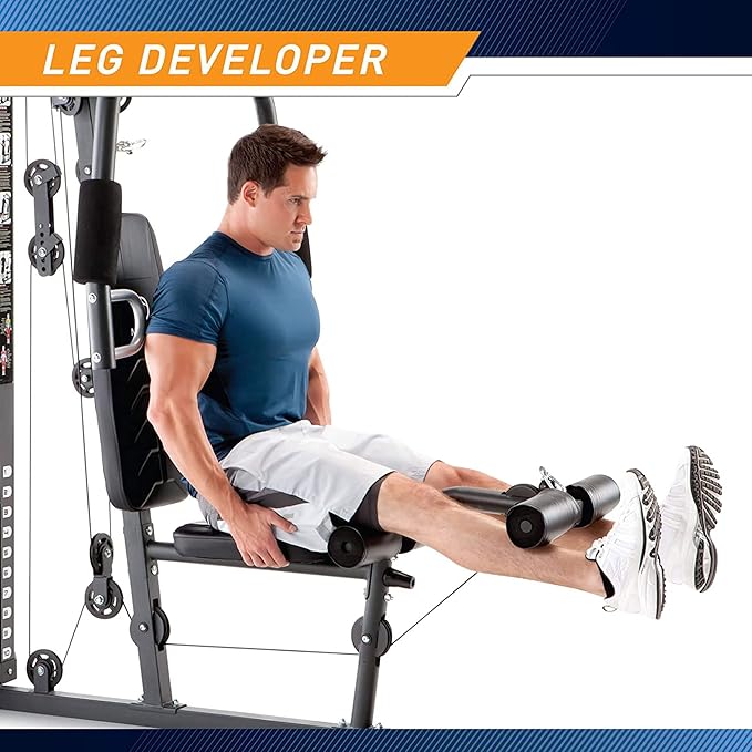 Marcy MWM-7454 Stack Weight Multifunctional Home Gym Workout Station with Pulley, Arm, and Leg Developer for Full Body Fitness, White