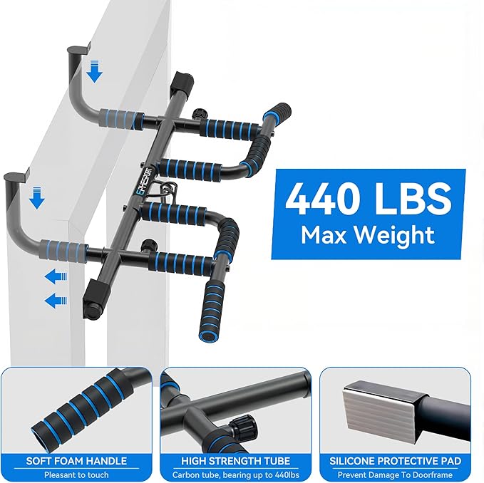 EPHESPORT 2026 Multifunctional Pull Up Bar for Doorway – US Patented Design, Foldable, No Drilling or Slipping, Multi-Grip Bar with Resistance Band Hooks, Commercial Alloy Steel, Large PVC Pads, 440 lbs Capacity