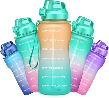 Gallon Motivational 64/100 oz Water Bottle with Time Marker & Straw, Large Daily Water Jug for Fitness Gym Outdoor Sports, Remind of All Day Hydration, Leak Proof, BPA Free (orange+green, 100oz)