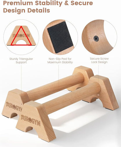 Wooden Push Up Bars for Calisthenics Equipment - Non-Slip Beech Wood Parallettes for Floor Strength Training, Handstand & Home Gym Workout - Support 550 LBS Heavy Duty Pushup Handles Stand