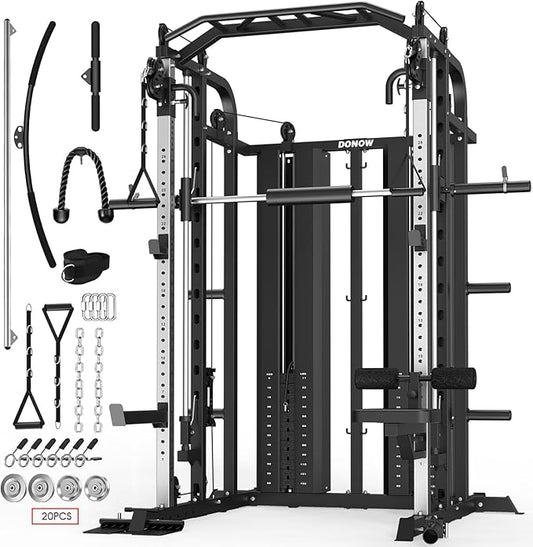 DONOW Smith Machine with Weight Stacks, Multi Function Home Gym System Training Power Cage Squat Rack Dual Cable Crossover Machine All in One