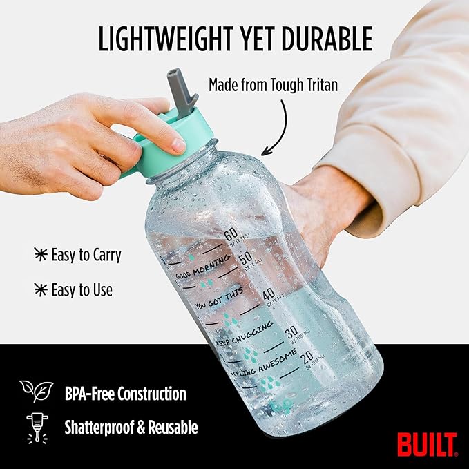 Byo 74 Oz Tritan Motivational Bottle with Straw (Mint) - BPA-Free & Leakproof with Wide Mouth, Carry Handle Lid, Dishwasher Safe - Hydration Tracker for Gym, Fitness, Healthy Lifestyle