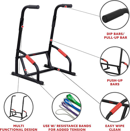 Sunny Health & Fitness Power Tower, Dip Bar, Push-Up & Pull Up Assisting Parallette Station w Optional Rock Climbing Grip Trainer