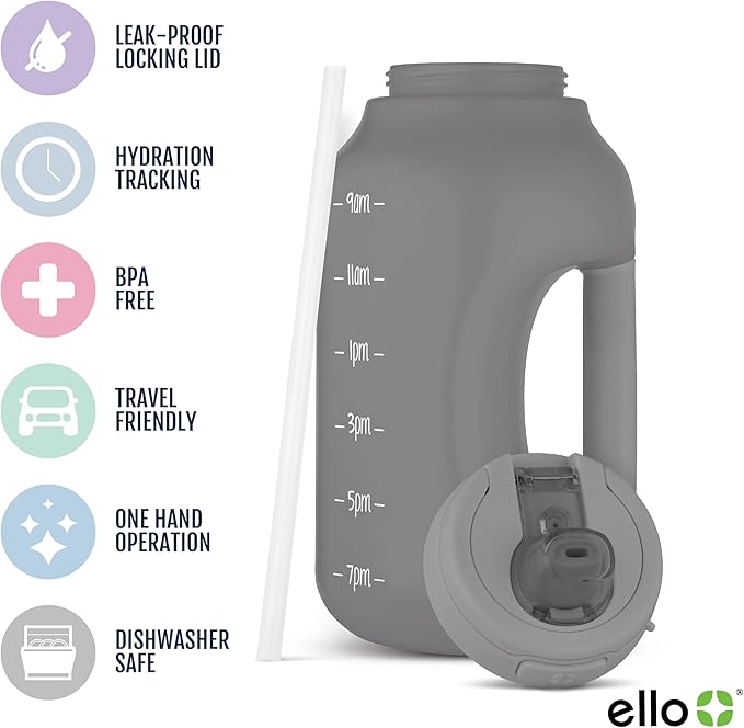 Ello Hydra 64oz Half Gallon Water Jug with Handle and Motivational Time Markers for All Day Hydration, Plastic Reusable Water Bottle with Straw and Locking, Leak Proof Lid, BPA Free