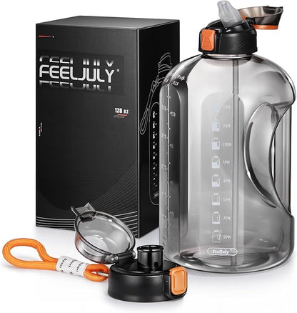 1 Gallon Water Bottle with Straw, 128 oz Large Water Jug with Times to Drink, Reusable Leak Proof with Handle, 2 Lids BPA Free Big Sports Bottles for Fitness Gym Camping (Grey, 128 Ounces)