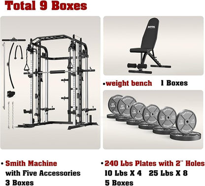 Smith Machine, Multifunctional Power Cage Rack with Smith Bar and Cable Pulley System, and LAT Pull Down Machine for Home Gym…