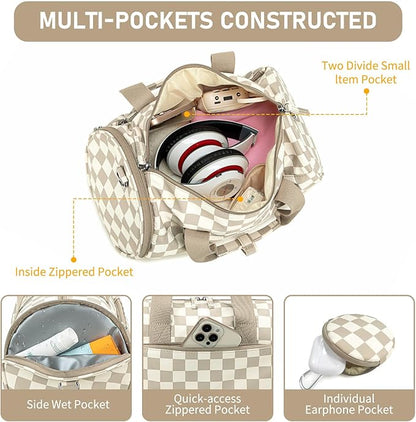 Mini Gym Bag for Women Girls Cute Small Duffle Bag 12'' with Multifunctional Pockets Workout Sport Bags Dance,Fitness,Yoga (Brown-white checkered)