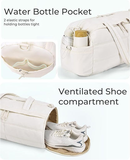 BAGSMART Puffer Gym Bag for Women, Lightweight Duffel Bag with Shoe Compartment, Weekender Bags with Wet Pocket, Workout Overnight Carry on Bag for Travel, Beige