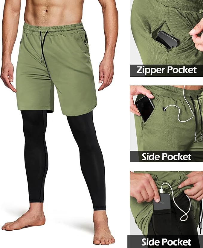 Aolesy Men's 2 in 1 Running Pants, Gym Workout Compression Pants for Men Training Athletic