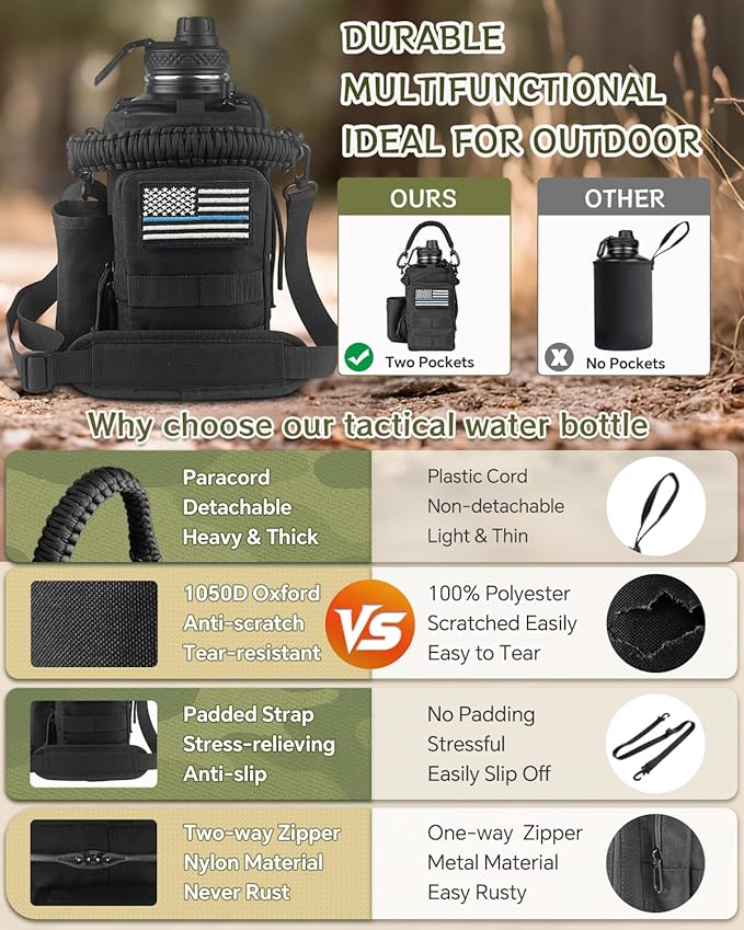 COOLYARD 64 oz Water Bottle Insulated with Sleeve Half Gallon Military Water Jug Metal Gym Water Bottles for Men Women Black