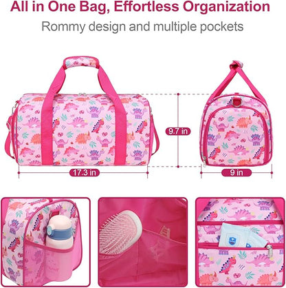 Bagseri Dance Bag for Girls - Kids Duffle with Shoe Compartment, Gymnastics Tote for Sleepover Travel with Water Resistant Wet Pocket (Pink & Crown Dinosaur)