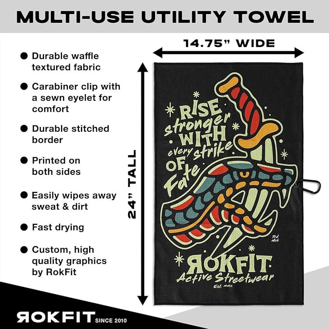 RokFit Gym & Golf Towel – Multi-Use, Quick-Dry, Durable Utility Towel with Bold Graphic and Carabiner Clip (Rise Stronger, Strike of Fate)