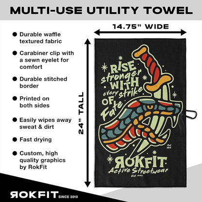 RokFit Gym & Golf Towel – Multi-Use, Quick-Dry, Durable Utility Towel with Bold Graphic and Carabiner Clip (Rise Stronger, Strike of Fate)