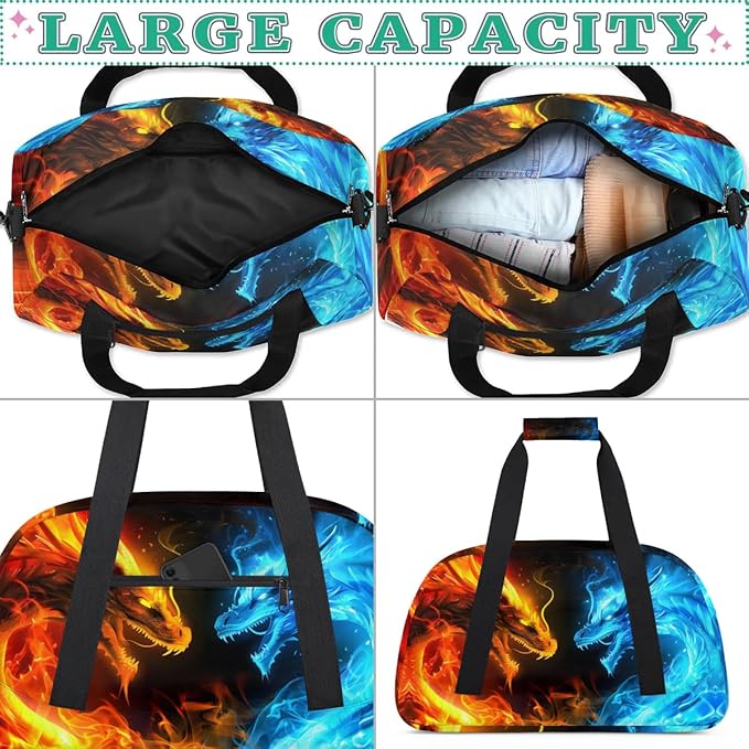 Dragon Fire Water Kids Duffel Bag for Boys, Sports Gym Bag Overnight Travel Weekender Bag Lightweight Carry On Sleepovers Bag for School Practice Gymnastics