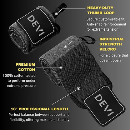 Wrist Wraps for Weightlifting 18" with Thumb Loop- Professional Quality, Best Wrist Support Wraps for Gym, Powerlifting Competition, Bodybuilding, Strength Training, Curls & Dips, Bench Press- Men and Women (Pair) DEVI