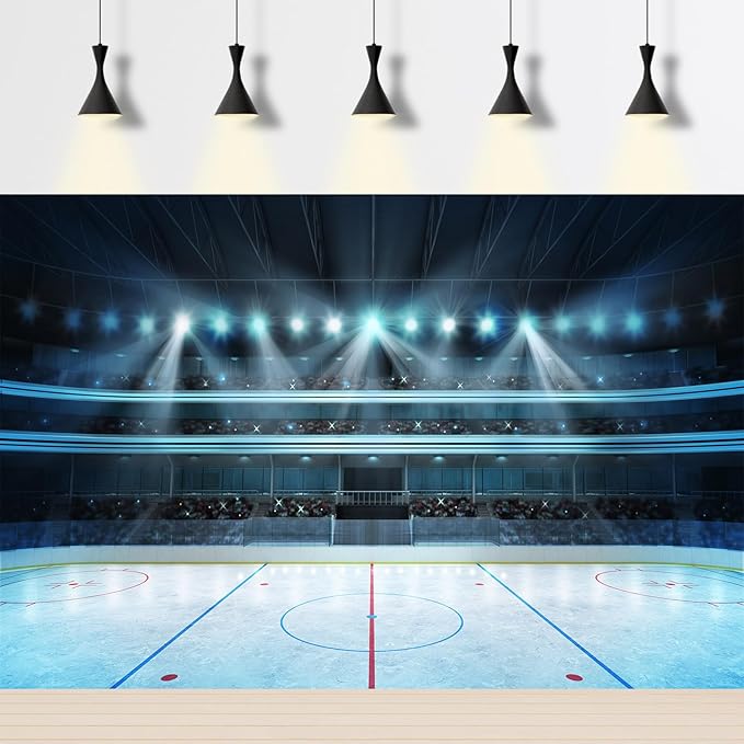 Ice Hockey Sport Backdrop Hockey Stadium Arena Ice Rink Photography Background Stadium Stage Spotlight Backdrop Decors Ice Hockey Match Games Background Newborn Boys Birthday Props 6x4ft