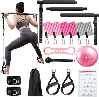 Pilates Bar Kit with Resistance Bands, Multifunctional Pilates Bar with 3 Set Exercise Resistance Bands, Portable Pilates Equipment for Women Home Gym Yoga Workouts