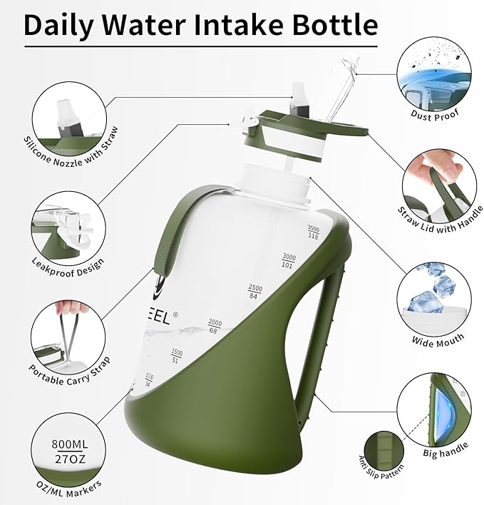 TOOFEEL 1 Gallon Water Bottle - 128 oz with Straw & Chug Lid - BPA Free, Gym & Travel Bottle - Military Green and White