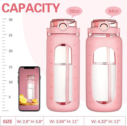 BLUEGO 64oz Glass Water Bottles with Straw Time Marker Half Gallon Large Motivational Water Bottle with Silicone Sleeve 2 Liter Large Glass Water Jug for Gym, Sports& Workout, Daily, Pink