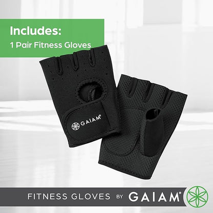 Gaiam Fitness Fingerless Gloves for Weight Training (Black/Black), Padded Palm, Breathable Mesh, Adjustable Velcro Fit & Comfort Grip for Weight Lifting, Workout Gloves for Men & Women