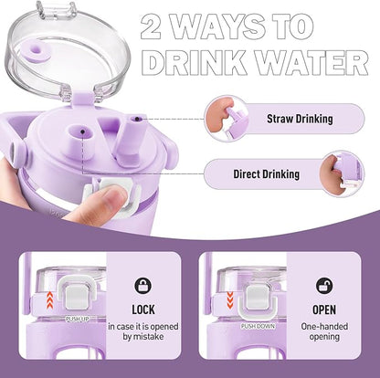 BLUEGO 40 oz Glass Water Bottle with Straw, Leakproof and Time Marker, Wide Mouth for Travel, Gym, Workout, Purple