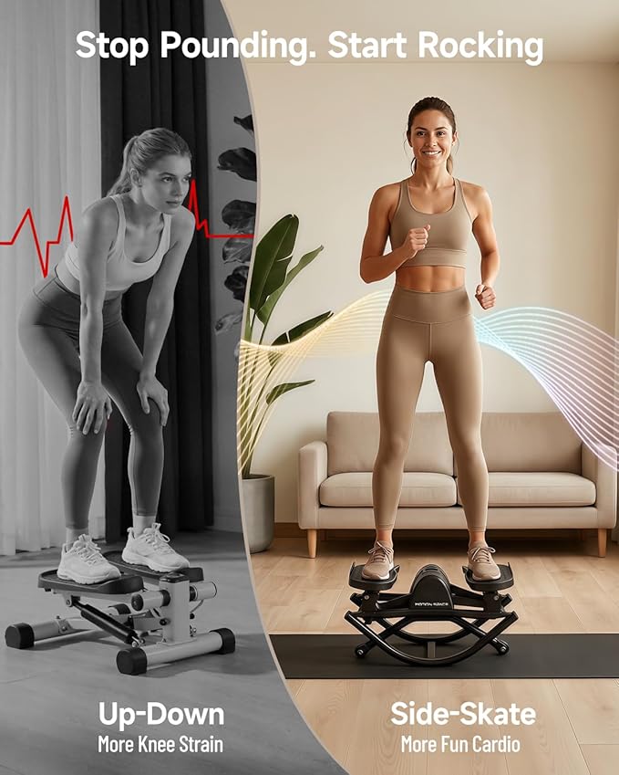 Rocking Stepper Machine, Fun Cardio Equipment with Resistance Bands, Space Saving Fitness Stepper, Quiet Skate Motion Workout for Home Office